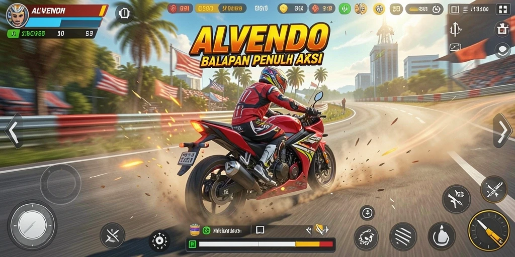 Screenshot gameplay seru dari ALVENDO yang menunjukkan aksi balapan motor.