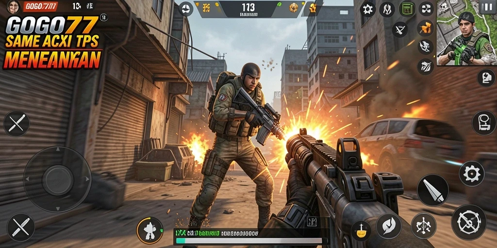 Screenshot utama GOGO77 menampilkan aksi pertarungan TPS yang menegangkan.