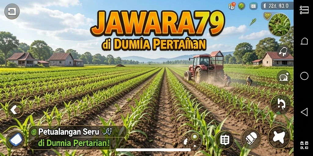 Tampilan gameplay JAWARA79 dengan ladang yang subur dan aktivitas pertanian.