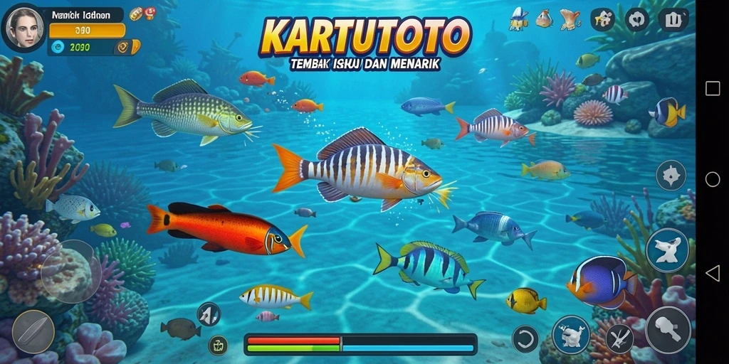 Screenshot gameplay KARTUTOTO yang menunjukkan aksi menembak ikan.