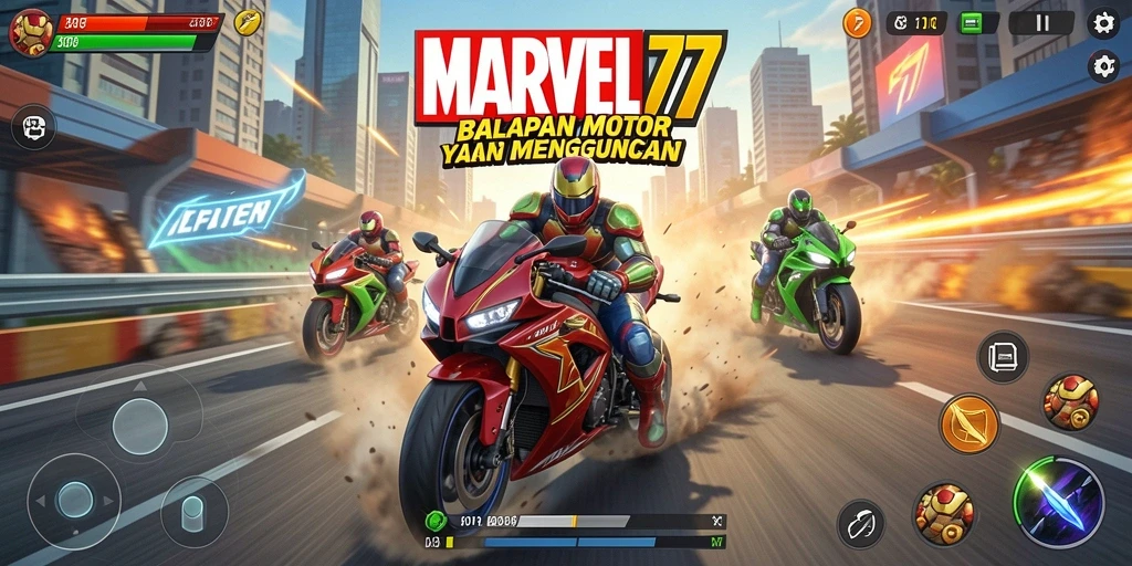 Screenshot dari gameplay MARVEL77 yang penuh aksi balapan motor.