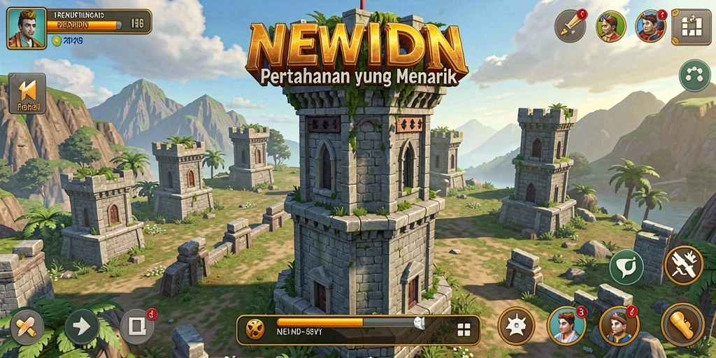 Screenshot gameplay NEWIDN menampilkan pertahanan menara yang epik.