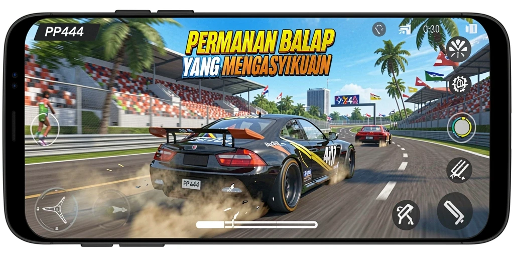 Tampilan gameplay PP444 yang mendebarkan saat balapan.