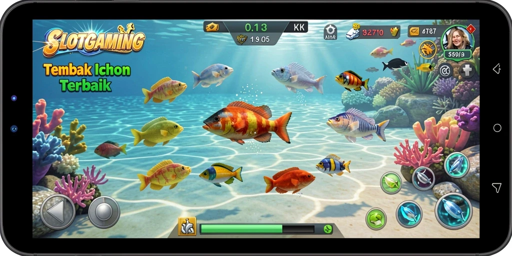 Screenshot game SLOTGAMING menunjukkan aksi menembak ikan yang seru dan dinamis.