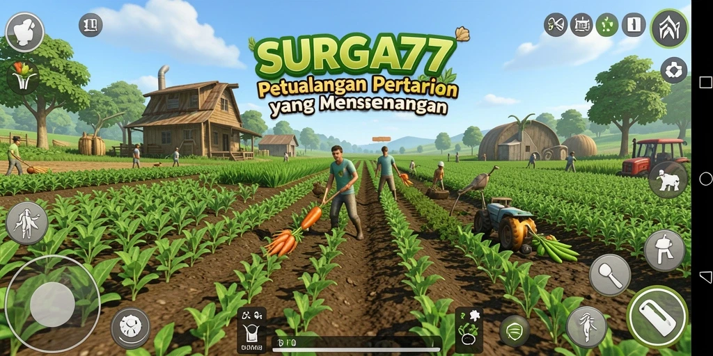Tampilan gameplay SURGA77 dengan pertanian yang subur dan interaktif.